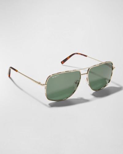 Ferragamo Metal Gancini Rim Navigator Aviator Sunglasses - Green