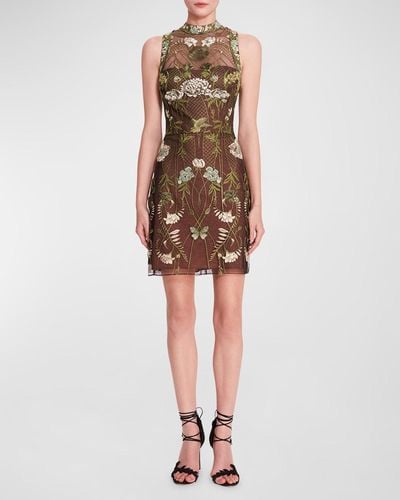 Marchesa Floral-Embroidered Tulle Mini Dress - Green