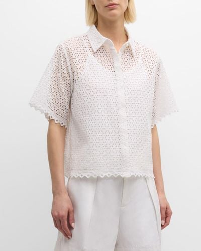 Merlette Perle Boxy Floral Eyelet-Embroidered Top - White