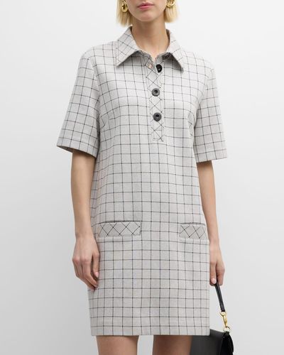 Rosetta Getty Short-Sleeve Windowpane Check Double Knit Mini Polo Dress - Gray