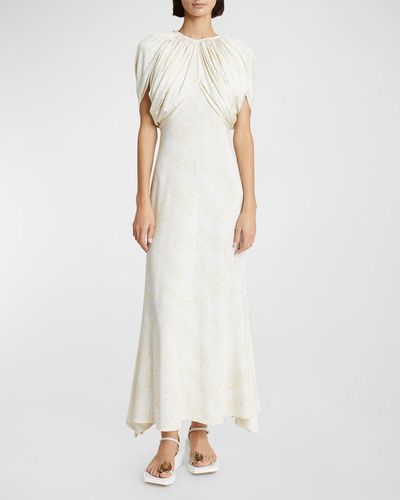 Rabanne Feather-Print Gathered Empire-Waist Cap-Sleeve Maxi Dress - White