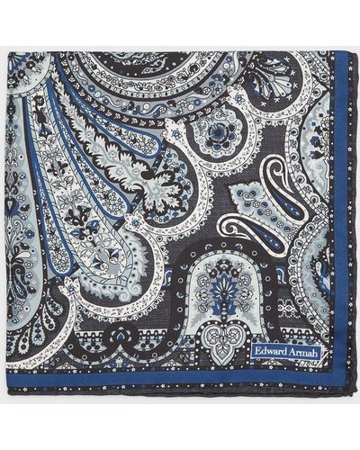 Edward Armah Floral Silk Pocket Square - Blue