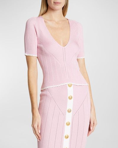 Balmain V-Neck Short-Sleeve Pointelle Knit Top - Pink