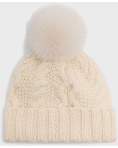 Sofiacashmere Chunky Cable Knit Cashmere Beanie With Faux Pom - Natural