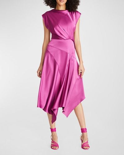 THEIA Pleated Handkerchief Satin Midi Dress - Pink