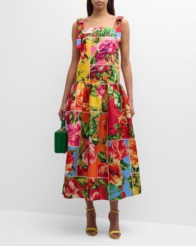 Carolina Herrera Drop Waist Floral Print Dress With Bow Straps - Red