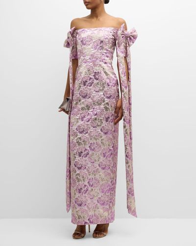 Black Halo Paisley Off-Shoulder Floral Jacquard Bow Gown - Purple