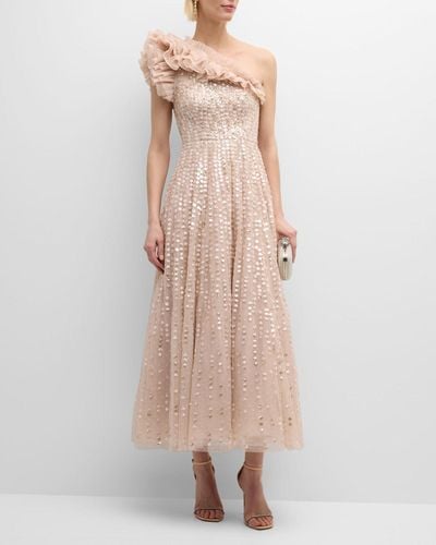 Needle & Thread Raindrop One-Shoulder Sequin Ruffle Tulle Gown - Natural
