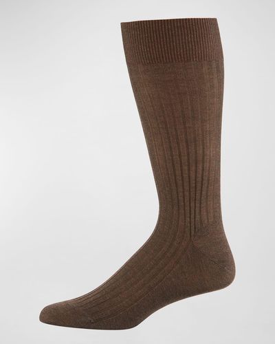 Pantherella Mid-Calf Stretch-Lisle Dress Socks - Brown