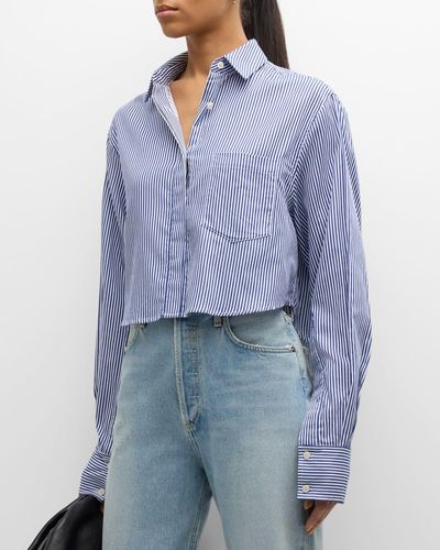 Jonathan Simkhai Renata Cropped Cotton Stripe Button-Front Shirt - Blue