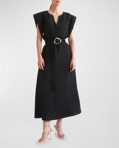 Aje. Lyric Belted Linen-Blend Midi Dress - Black