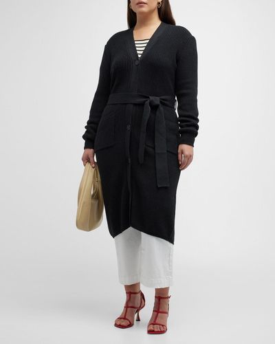 Minnie Rose Plus Ribbed Belted Cotton-cashmere Cardigan - Black