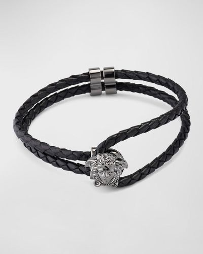 Versace Medusa Two-Row Braided Leather Bracelet - Metallic