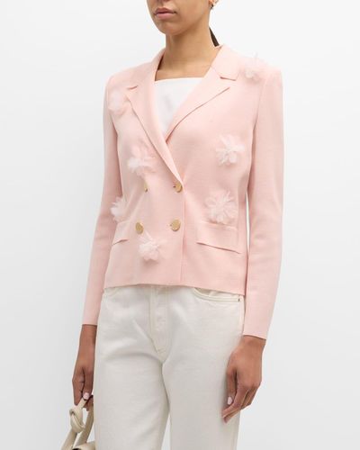 Misook Double-breasted Floral Applique Knit Jacket - Pink