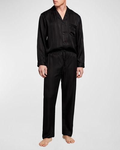 Majestic International Herringbone Striped Silk Pajama Set - Black