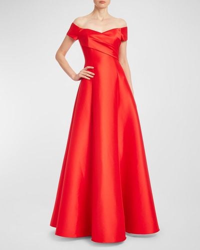 Badgley Mischka Off-Shoulder Pleated A-Line Gown - Red