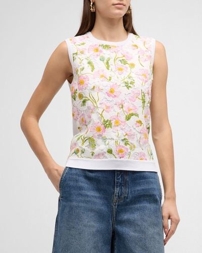 Oscar de la Renta Floral-Print Botanical Lace-Inset Knit Tank Top - White