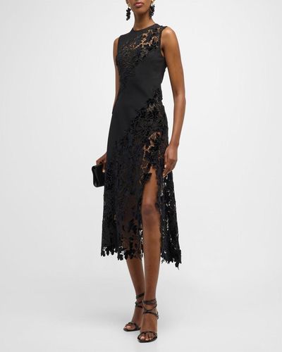 Oscar de la Renta Velvet Acorn Guipure Lace Midi Dress - Black