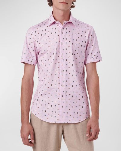 Bugatchi Ooohcotton Tech Mini Tropical-print Sport Shirt - Pink
