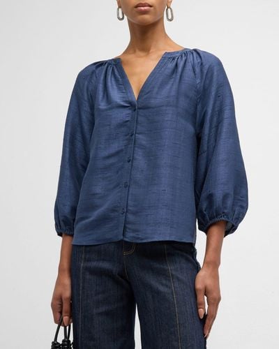 Apiece Apart Mitte Ruched Blouson-Sleeve Silk Top - Blue
