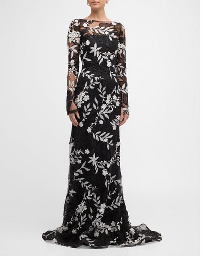Naeem Khan Floral Embroidered Gown With Sheer Overlay - Black