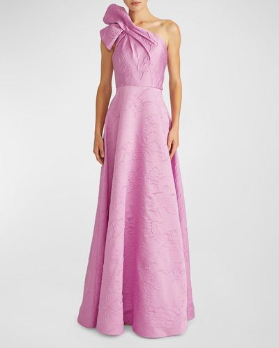 ML Monique Lhuillier Amira One-Shoulder Floral Jacquard Ruffle Gown - Pink