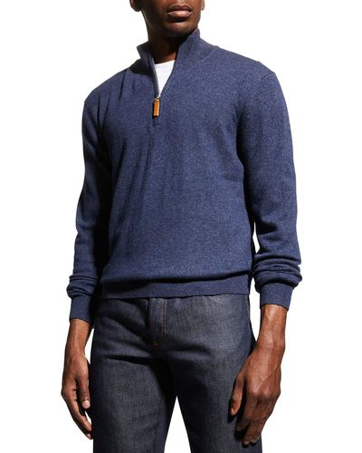 Neiman Marcus Wool-cashmere 1/4-zip Sweater - Blue