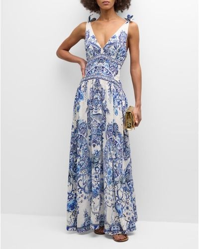 Camilla Floral Linen Silk Tie-Shoulder Maxi Dress - Blue