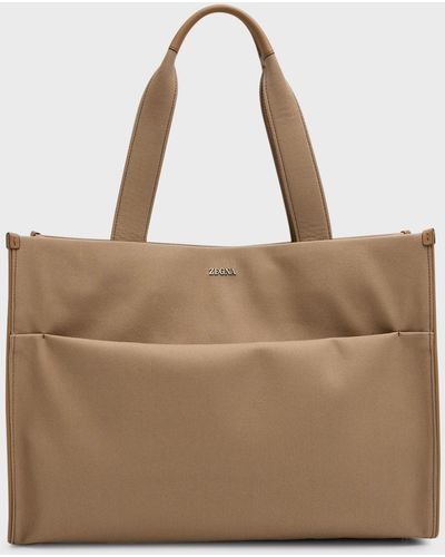 Zegna Canvas And Leather Tote Bag - Brown