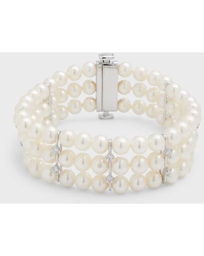 Utopia 18k White Gold 3 Row Bracelet With Diamonds And Freshwater Pearls, 6-6.5mm - Natural