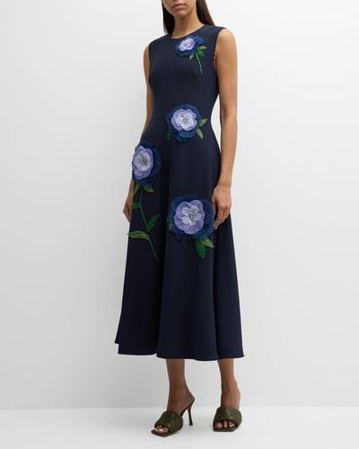 Lela Rose Floral Applique Sleeveless Midi Dress - Blue