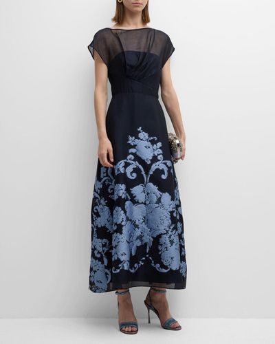 Lela Rose Evelyn Floral Embroidered Midi Dress - Blue