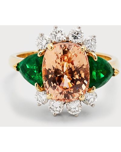 NM Estate Estate 18k Yellow Gold Orange Sapphire, Trillion Emerald And Diamond 3-stone Ring, Size 6.5 - Multicolor