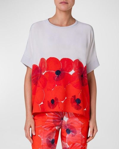 Akris Placed Poppies-Print Oversized Silk Knit Top - Red