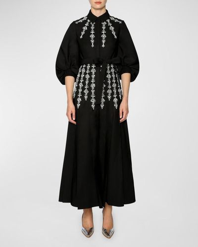 Huishan Zhang Yara Crystal Puff-Sleeve Maxi Shirtdress - Black