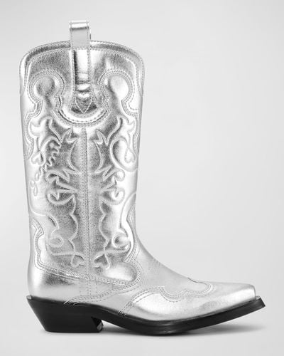 Ganni Recycled Metallic Embroidered Western Boots - Gray