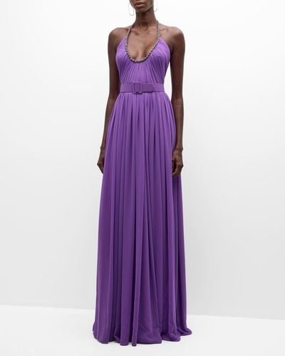 Badgley Mischka Belted Ruched Halter Gown - Purple