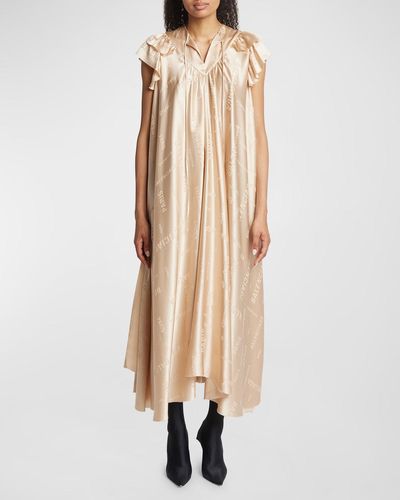 Balenciaga Logo Paris Silk Jacquard Ruffle Neck-tie Oversized Midi Dress - Natural