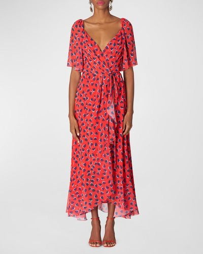 Carolina Herrera Heart-Print Flutter-Sleeve Wrap Midi Dress With Ruffle Hem - Red
