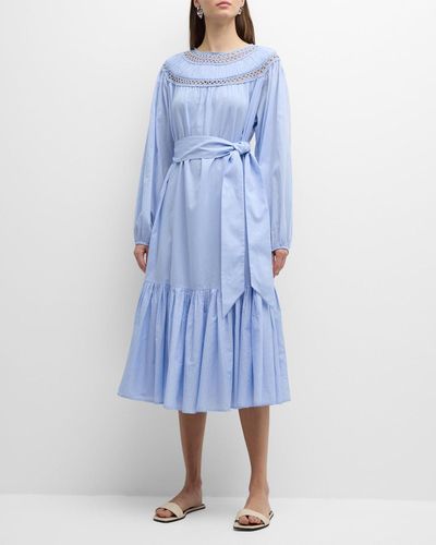 Merlette Verlaine Lace-Inset Cotton Voile Midi Dress - Blue