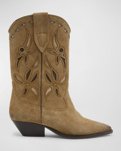 Isabel Marant Duerto Perforated Suede Western Boots - Green