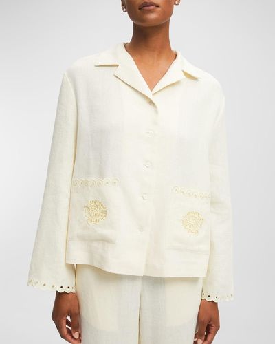 Sleeper Sofia Floral-Embroidered Linen Shirt - Natural