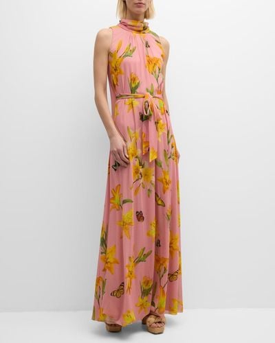 Fuzzi Floral-Print Turtleneck Tulle Maxi Dress - Orange