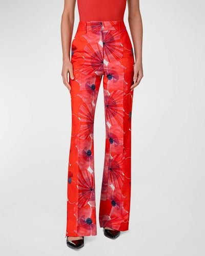 Akris Florine Cotton Silk Poppies Print Pants - Red