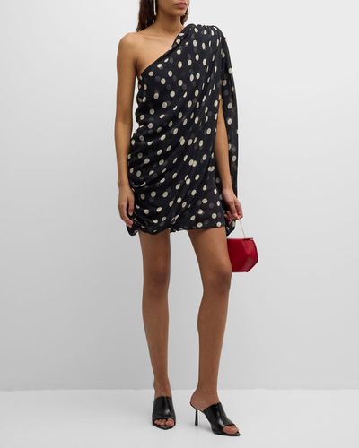 Stella McCartney Polka Dot-Print Draped Chiffon Strong One-Shoulder Mini Dress - Black
