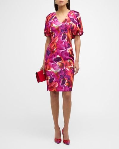 Badgley Mischka Floral-Print Blouson-Sleeve Bodycon Midi Dress - Pink