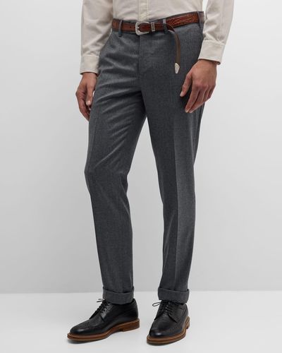 Brunello Cucinelli Light Flannel Flat-Front Pants - Gray