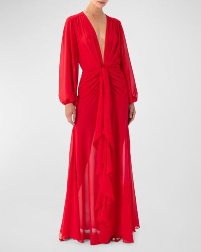 Ronny Kobo Quinne Draped Plunging Chiffon Gown - Red