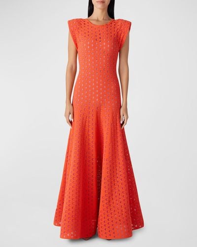 St. John Double-faced Eyelet Knit Cap-sleeve Gown With Slip - Red