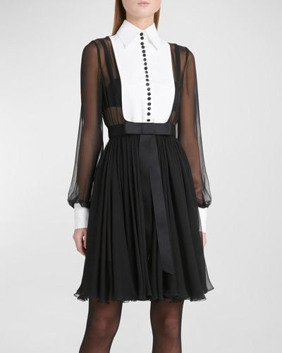 Dolce & Gabbana Seta Bib-Front Long-Sleeve Pleated Chiffon Shirtdress - Black
